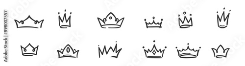Majestic crown logo. sketch prince and princess, hand drawn queen sign or king crowns graffiti illustration set