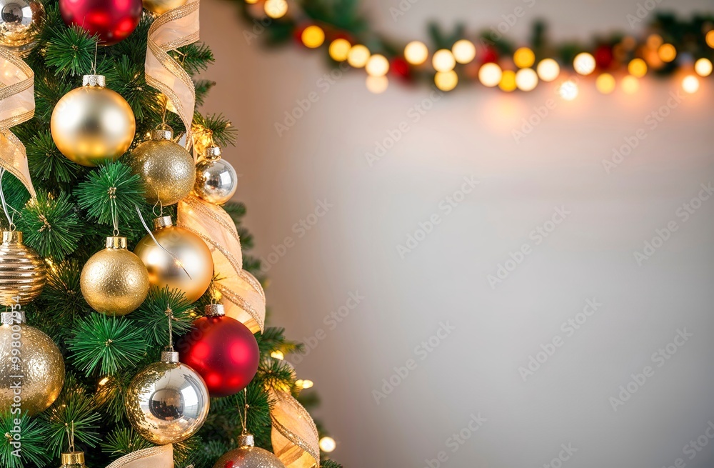 Closeup of Christmas Tree Decorations with bokeh Background – Holiday celebration Inspiration - Red, Gold, Silver