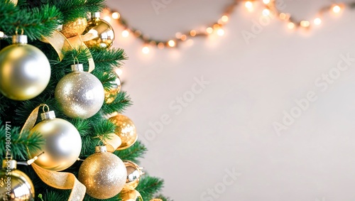 Closeup of Christmas Tree Decorations with bokeh Background – Holiday celebration Inspiration - Silver, Gold