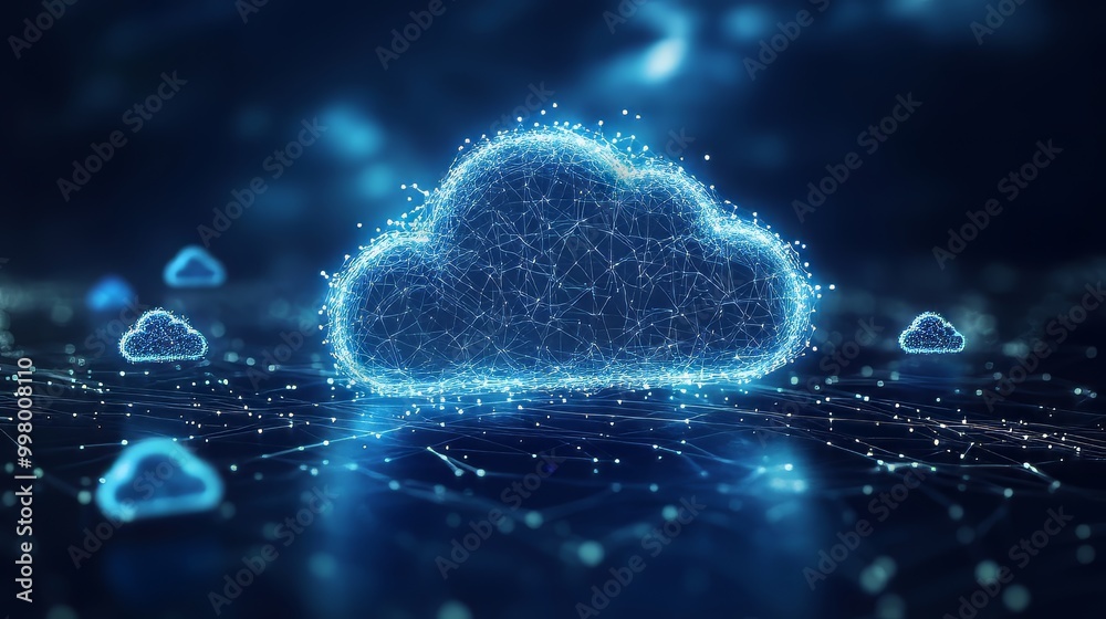 Large prominent cloud icon in the center small polygon icons represent global data transfer and synchronization. data migration. Ultra realistic. Photorealistic Large prominent cloud icon in the center small polygon icons represent global data transfer and synchronization. data migration. Ultra realistic. Photorealistic