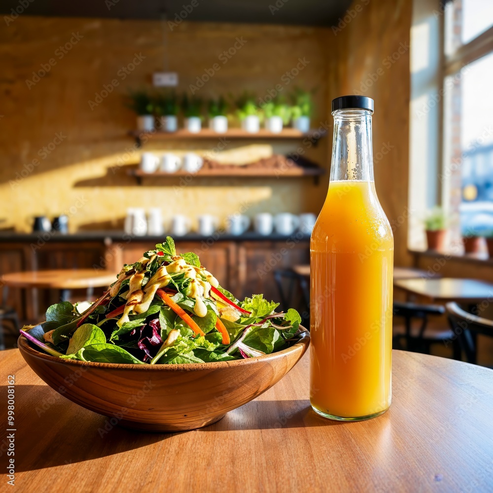 Fresh Greenleaf Salad and Orange Juice in a Minimalist Cafe – Healthy Product Placement Photo