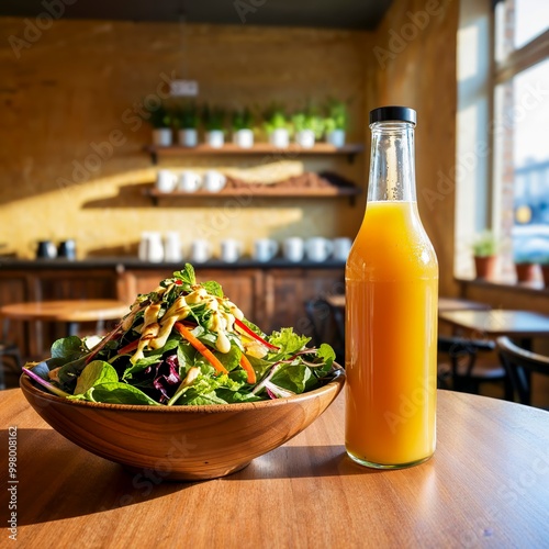 Obraz na płótnie Fresh Greenleaf Salad and Orange Juice in a Minimalist Cafe – Healthy Product Placement Photo w salonie