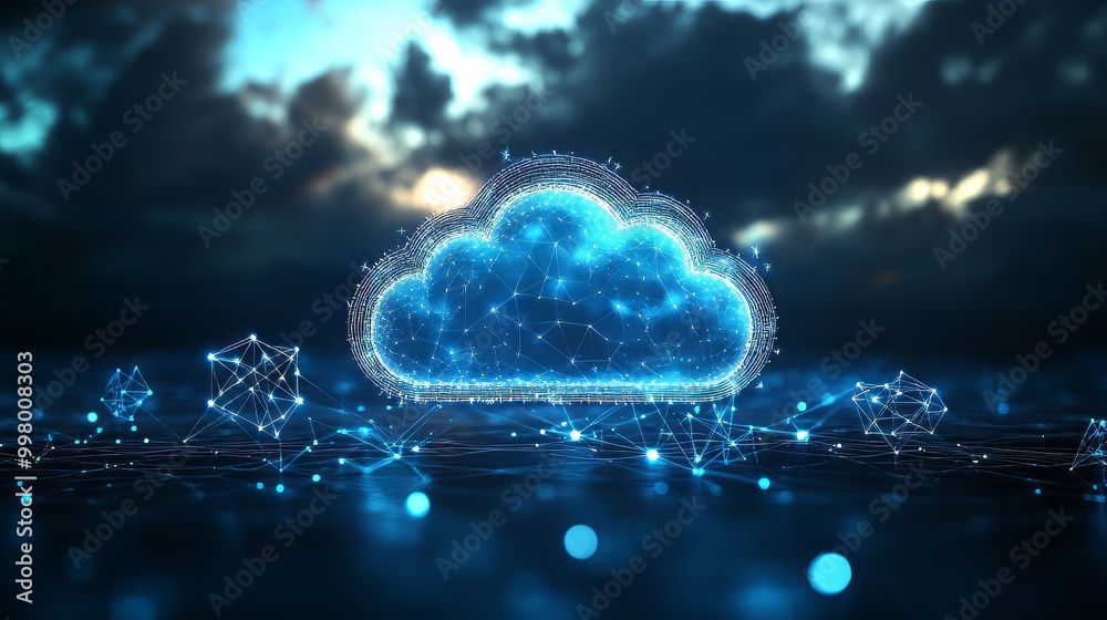 Large prominent cloud icon in the center small polygon icons represent global data transfer and synchronization. data migration. Ultra realistic. Photorealistic Large prominent cloud icon in the center small polygon icons represent global data transfer and synchronization. data migration. Ultra realistic. Photorealistic