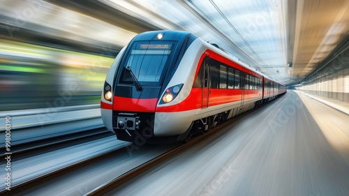 Modern train speeding through a station, motion blur effect, dynamic and swift movement.