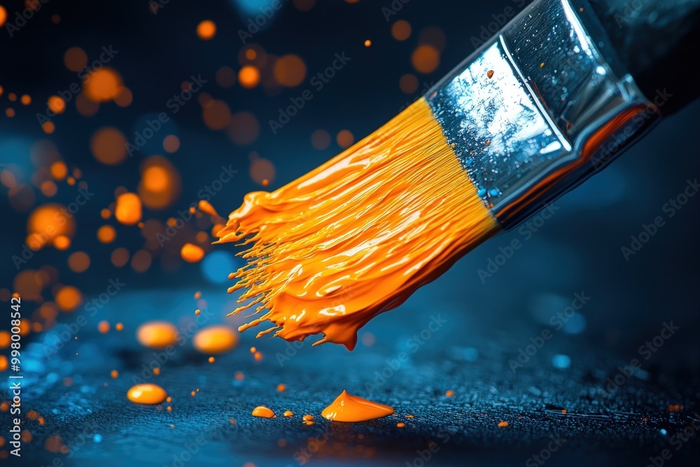 Paintbrush with orange paint dripping and splattering on a blue background. Paintbrush with orange paint dripping and splattering on a blue background.