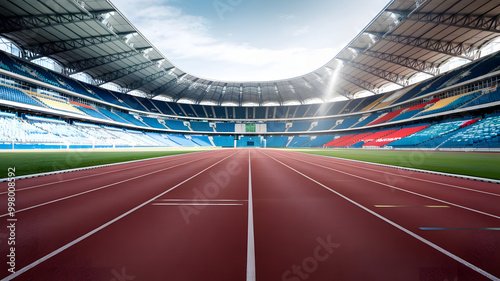 A clean running track in a stadium, symbolizing physical activity, health, and the importance of sports in fighting obesity. (indicates World Day Against Obesity). 