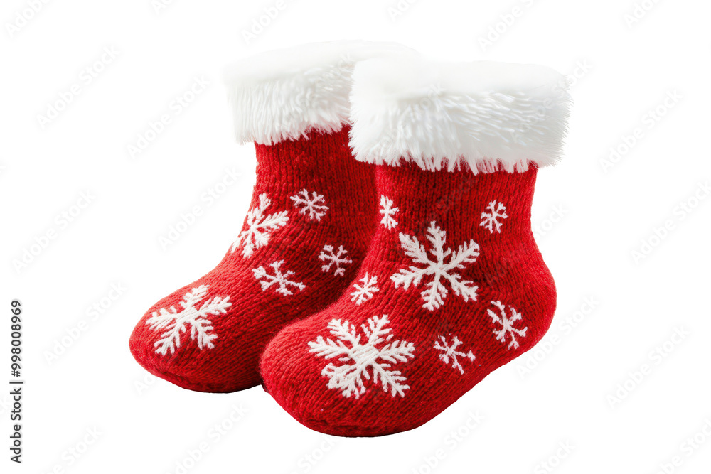 Obraz premium Cozy red socks decorated with white snowflakes, winter holiday theme