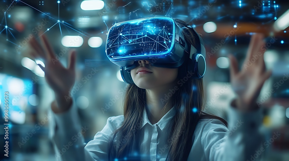 School student with VR headset using AI artificial intelligence technology & machine learning. Interactive technology in classroom. Innovation & smart tech. AI blue hologram in education School student with VR headset using AI artificial intelligence technology & machine learning. Interactive technology in classroom. Innovation & smart tech. AI blue hologram in education