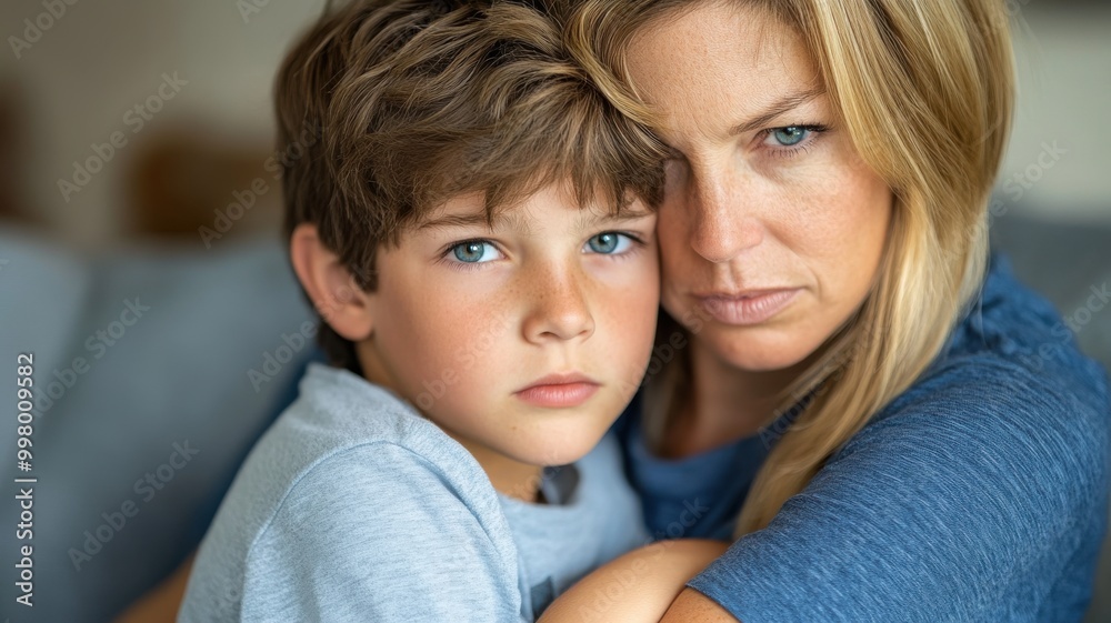 Mother and son embracing, displaying emotions of concern and affection. Mother and son embracing, displaying emotions of concern and affection.
