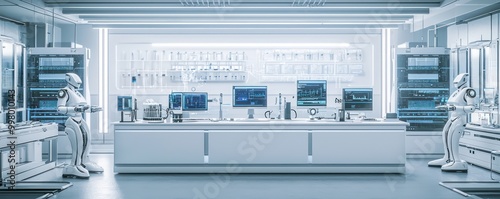 Home office with a futuristic AI research lab theme, featuring advanced computing rigs, robotic assistants, and a clean, white aesthetic Innovative and sleek