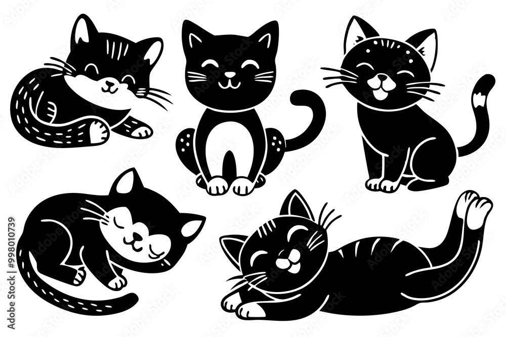 Cheerful Cartoon Cats Collection in Black and White Cheerful Cartoon Cats Collection in Black and White