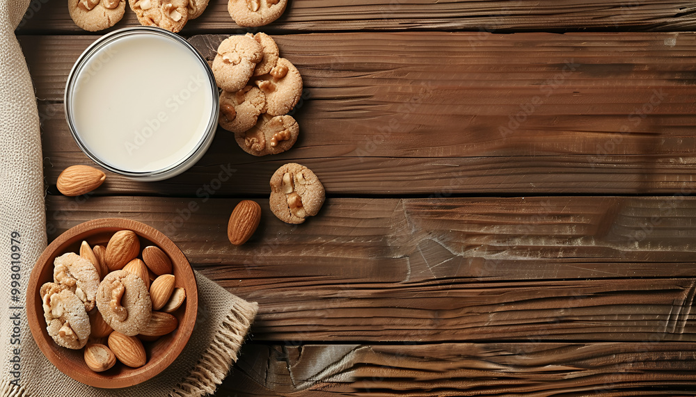 Bowl of delicious nut shaped cookies with boiled condensed milk on wooden table. Space for text Bowl of delicious nut shaped cookies with boiled condensed milk on wooden table. Space for text