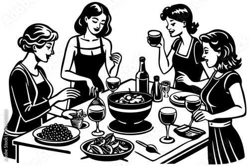 Friends Gathering for a Casual Dinner Party Illustration