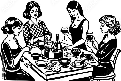 Elegant Ladies Enjoying Wine and Dinner at a Stylish Restaurant