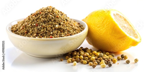 Fisheye Lemon Pepper Seasoning Spice isolated on white background macro with shallow depth of field selective focus photo