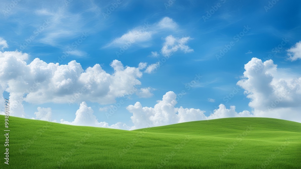 Green meadow under a blue sky with fluffy clouds Green meadow under a blue sky with fluffy clouds