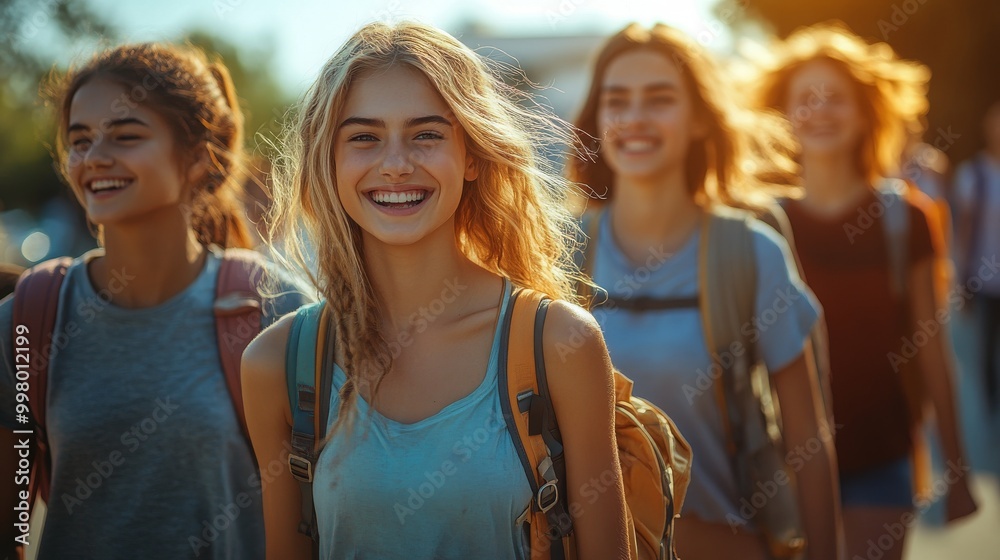 Fototapeta premium Cheerful Friends Walking to School Together in the Morning Sunshine, Sharing Laughter and Joyful Moments