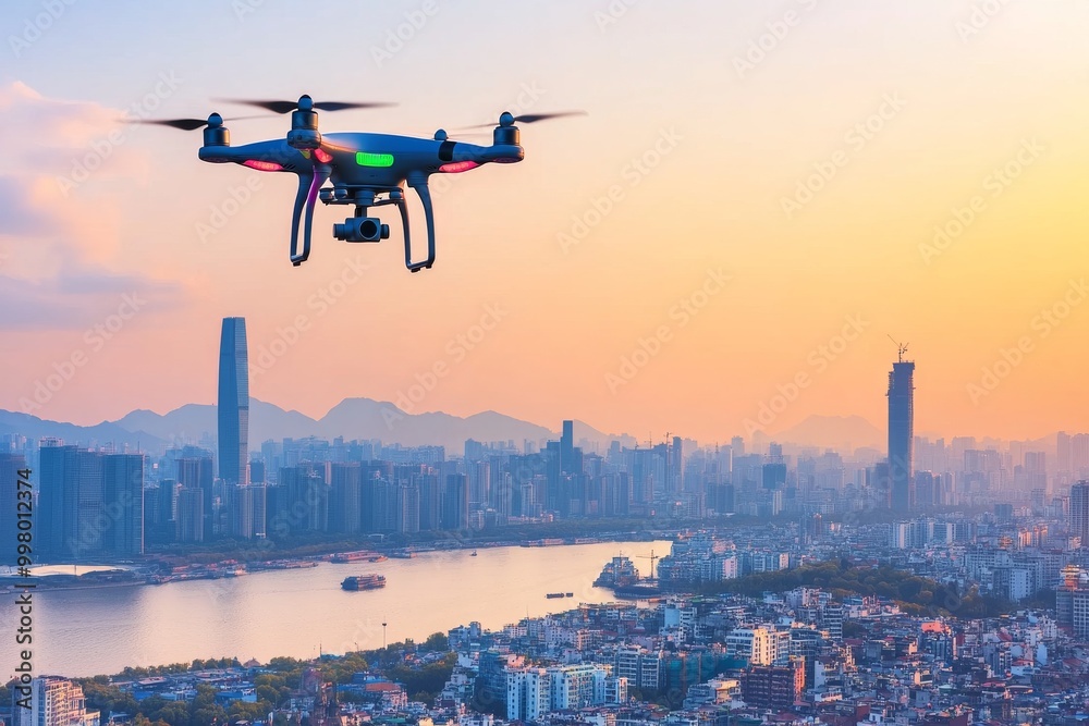 Drone flying at sunset symbolizing the integration of drone technology into rural logistics and fast paced delivery services in hard to reach areas Drone flying at sunset symbolizing the integration of drone technology into rural logistics and fast paced delivery services in hard to reach areas