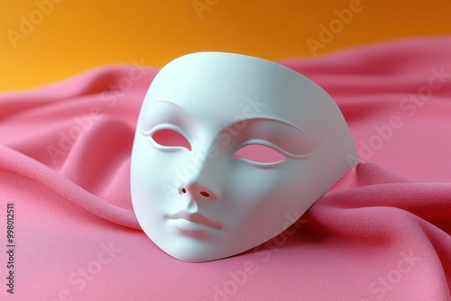 Soft Pink Draping. White theatrical mask lying on soft pink fabric, artistic concept for drama, theater, masquerade parties, Halloween decoration, or creative photography background with smooth textu