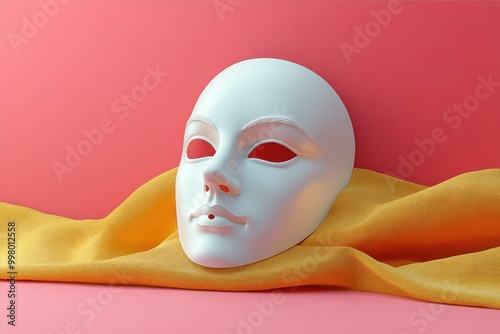 White theatrical mask lying on yellow fabric with soft pink background, perfect for drama arts presentations, Halloween decorations, costume party themes, or abstract artistic projects, modern minima