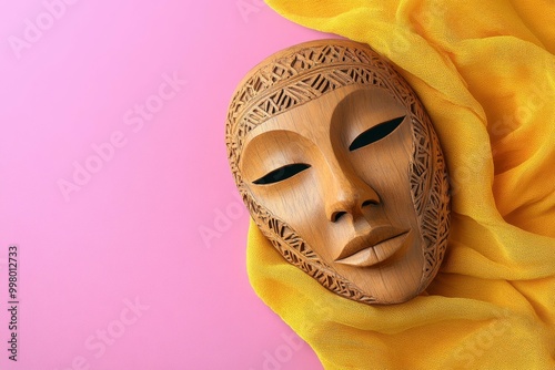 Party Costume Ideas. Venetian carnival mask close up with intricate lace pattern and closed eyes, artistic decoration for masquerade parties, festivals, Halloween, vibrant pink and yellow background,