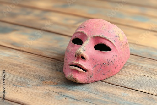 Halloween Party Costume. Pink theatrical mask lying on rustic wooden floor, Halloween decoration or drama performance prop, eerie atmosphere with soft natural light, ideal for costume party or stage