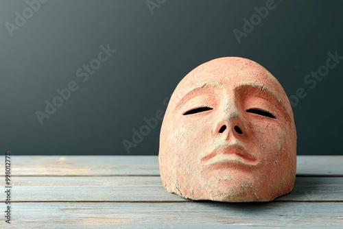 Mask Making Techniques. Realistic human face mask sculpture on wooden table with dark background for Halloween, art display, theater props, creative photography, spooky decoration, mysterious atmosph