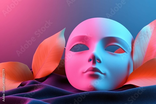 Colorful Autumn Wallpaper. Surreal white mask lying on dark fabric with soft pink and orange leaves around, abstract artistic composition for art projects, Halloween themes, background texture, moody