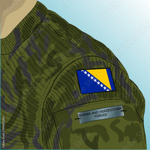 Flag of Bosnia and Herzegovina on soldier arm. Armed Forces of Bosnia and Herzegovina.
