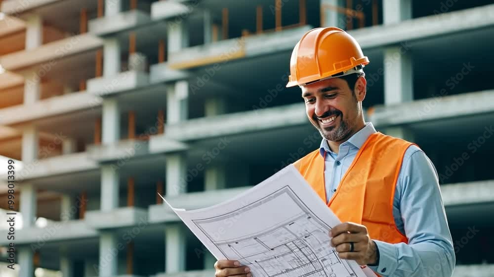 Happy Engineer Construction manager in hardhat with clipboard or blueprint inspection building at new construction site Happy Engineer Construction manager in hardhat with clipboard or blueprint inspection building at new construction site
