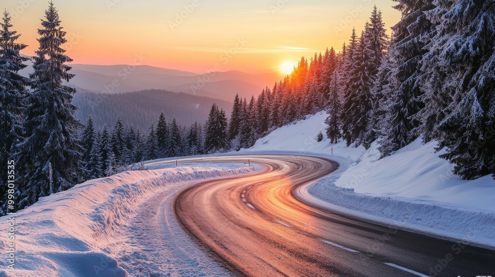 Winding Road Through Snowy Mountains at Sunset Winding Road Through Snowy Mountains at Sunset