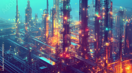 Wallpaper Mural vibrant industrial scene showcasing complex petrochemical facility with illuminated towers and intricate piping. atmosphere is filled with sense of energy and innovation Torontodigital.ca