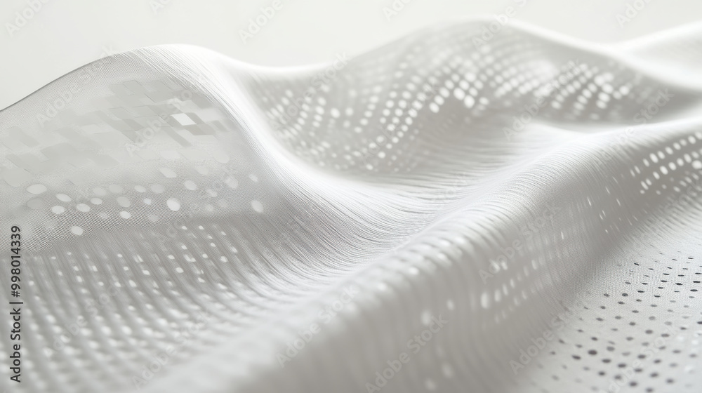 Innovative textile design featuring wave like pattern in white, showcasing advanced technology for wearables. fabrics texture and light play create modern aesthetic Innovative textile design featuring wave like pattern in white, showcasing advanced technology for wearables. fabrics texture and light play create modern aesthetic