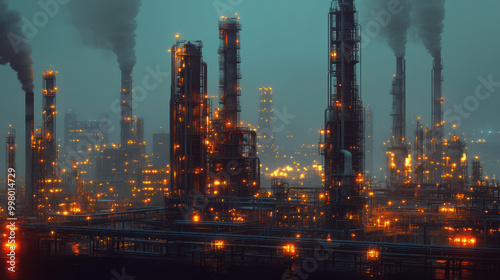 Wallpaper Mural image showcases sprawling industrial complex at night, illuminated by numerous lights and emitting smoke from tall chimneys, creating dramatic and atmospheric scene Torontodigital.ca