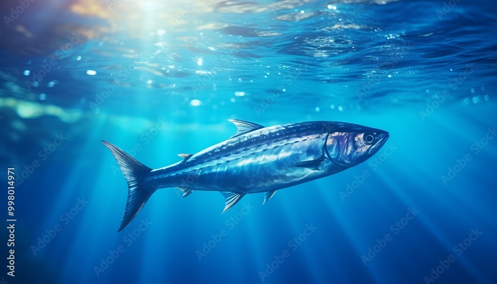 Fototapeta premium A solitary fish swims gracefully in clear ocean waters illuminated by sunlight rays