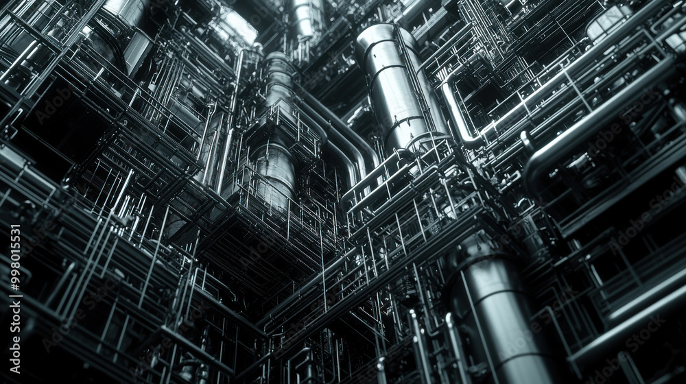 Close up of complex network of metallic pipes and structures, showcasing intricate industrial design and engineering. image evokes sense of depth and complexity in petrochemical environment Close up of complex network of metallic pipes and structures, showcasing intricate industrial design and engineering. image evokes sense of depth and complexity in petrochemical environment