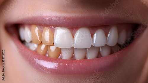 Before-and-after teeth whitening comparison, showcasing dramatic brightness improvement, close-up view, Photorealistic, Clean White Background