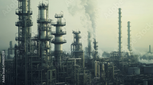 Close up of petrochemical refinery showcasing towering structures and smoke emissions, highlighting industrial activity and environmental impact