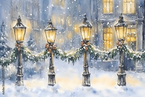 Winter Street Scene with Lanterns and Snow