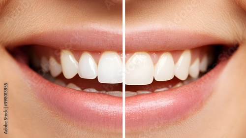 Teeth whitening results in a split image, focusing on tooth brightness and stain removal, High-Resolution Photography, Realistic, Soft Light