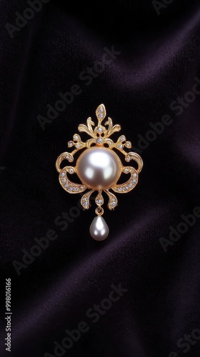 A stunning pearl brooch adorned with intricate gold detailing, showcased against a smooth black background.