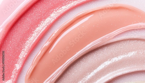 Close-up of frosted lip gloss swatches in soft pink and metallic beige, capturing the iconic 90s glossy lip look. photo