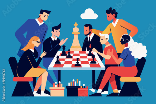 Colorful Illustrated Group Engaged in Strategic Chess Match