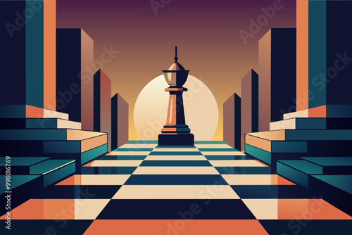 Surreal Chessboard Cityscape at Sunset with Strategic Tower Piece