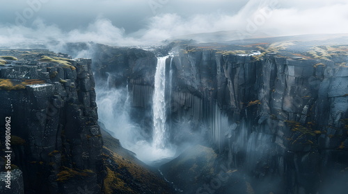 Majestic Waterfall Amidst Dramatic Landscape