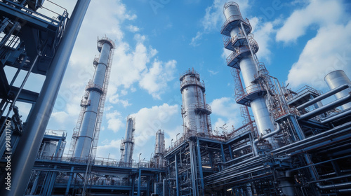 petrochemical plant with towering structures and intricate piping under blue sky, showcasing industrial engineering and energy production