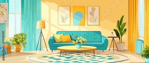 Retro Living Room with Teal Sofa and Mid-Century Furniture