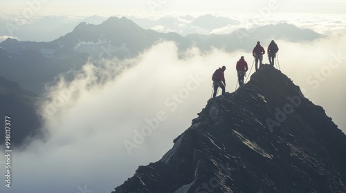 Four climbers stand on the top of a mountain, enjoying the sunrise and the view of the clouds below.