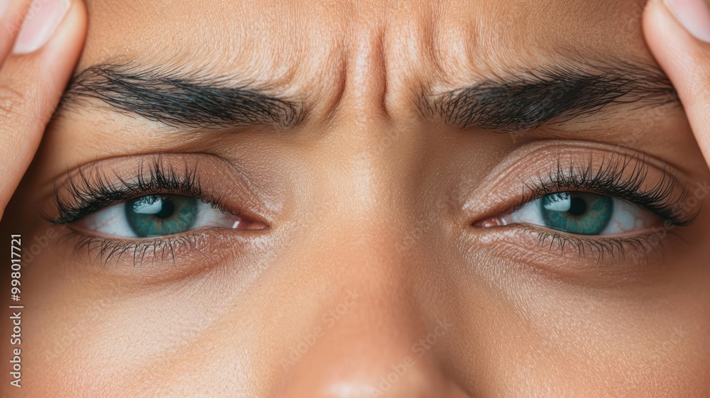 Obraz premium Close-up of a person rubbing their eyes with visible redness and irritation, representing eye pain and discomfort, eye pain, symptoms