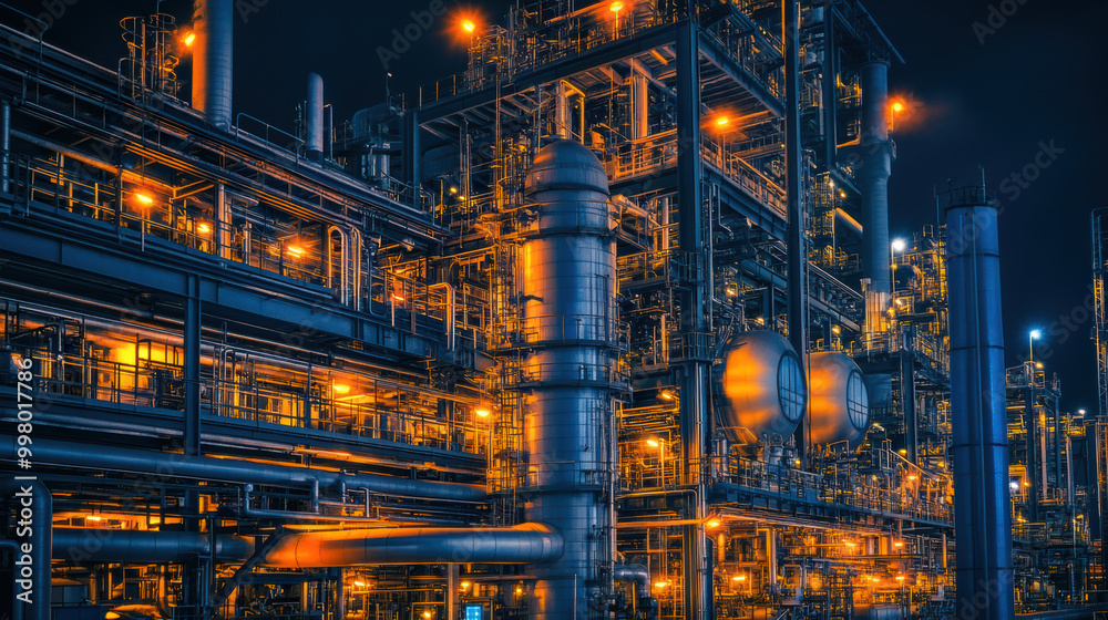 industrial scene showcases complex petrochemical plant with intricate piping and glowing lights, reflecting energy and activity of petroleum refining industrial scene showcases complex petrochemical plant with intricate piping and glowing lights, reflecting energy and activity of petroleum refining